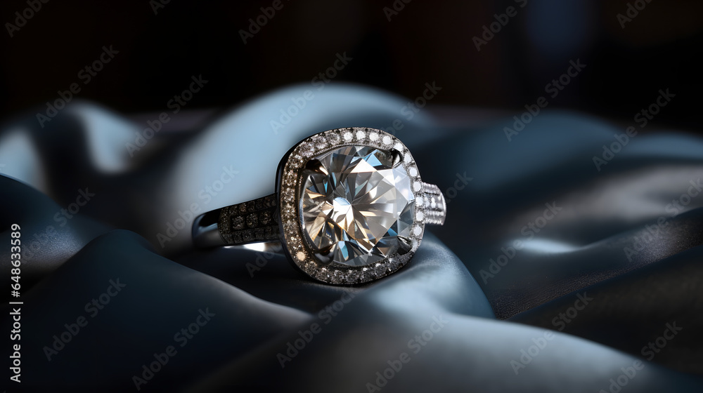 large diamond ring on a velvet cushion one generative AI - obrazy, fototapety, plakaty 