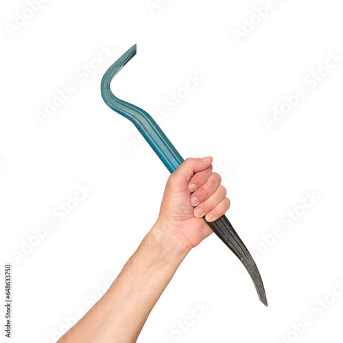 Male hand holding a crowbar nail puller on a transparent background photo