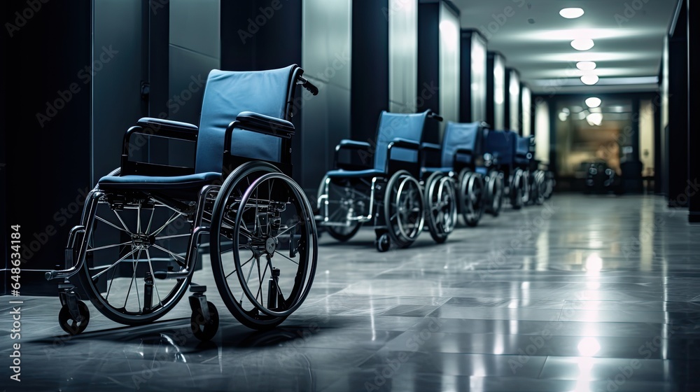 Healthcare Essentials: Row of Ready Hospital Wheelchairs
