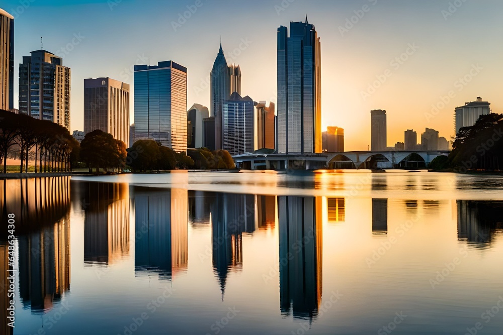 Park Barigui in Curitiba at sunrise with lake reflection, Parana State, Brazil stock photo