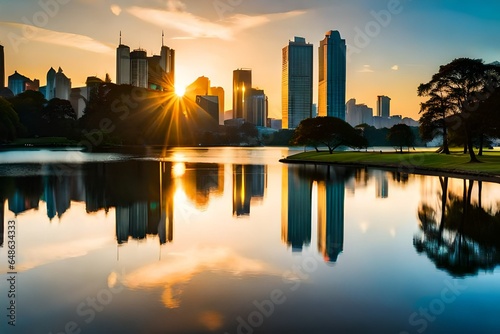Park Barigui in Curitiba at sunrise with lake reflection, Parana State, Brazil stock photo photo