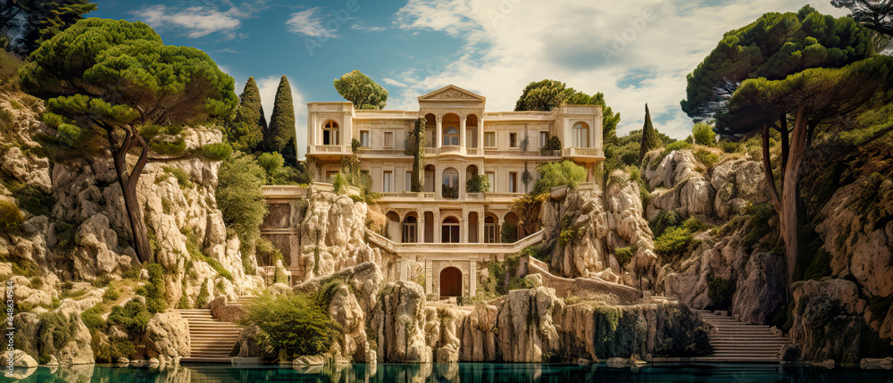 Illustration of a huge luxury house embedded into the cliffs of LA. The luxurious home has scenic beautiful views of the ocean.  A home for the ultra rich.