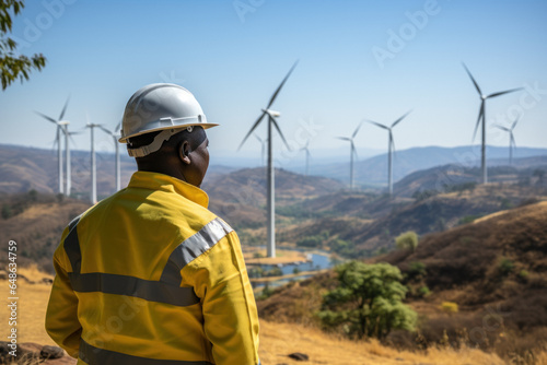Back view of energy engineer on background of wind power station