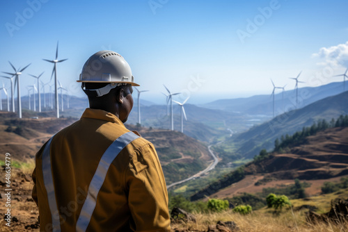 Back view of energy engineer on background of wind power station