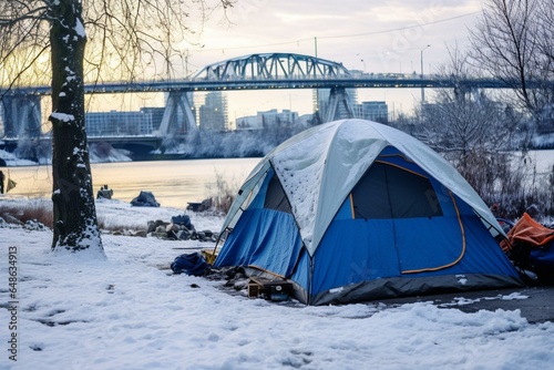 Tent for homeless in snowy Portland near Willamette river bank. Generative AI