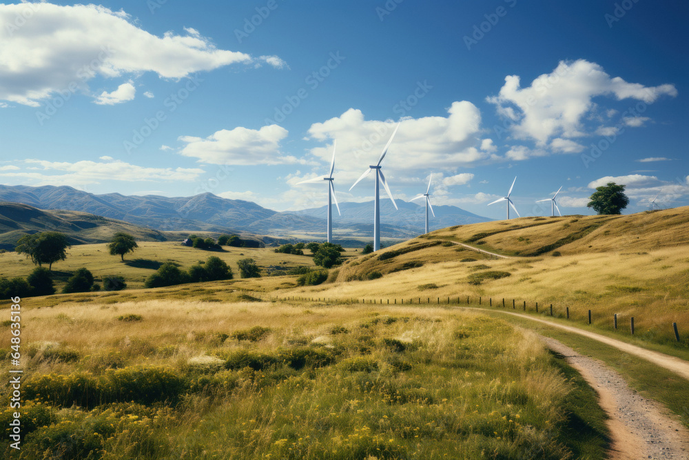 A spacious picturesque landscape of fields with wind farms of power plants