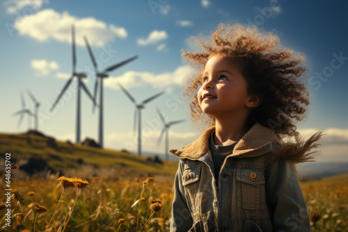 Little african boyon background of the wind farm of the power station. photo