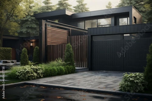 A suburban house with a dark metal aluminum gate, slats, and a garden access door. Generative AI