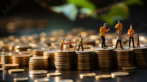 miniature businessmen standing on piles of golden coins.