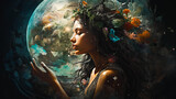 Spiritual Connection: Woman Linked to Mother Earth (Gaia) Embracing Universe's Power, Nature's Wisdom Harmony with the Cosmos 