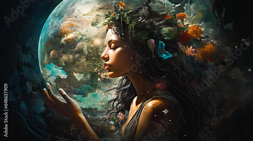 Spiritual Connection: Woman Linked to Mother Earth (Gaia) Embracing Universe's Power, Nature's Wisdom Harmony with the Cosmos 