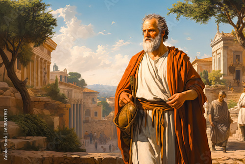 Philosophical Reverie Oil Painting of an Ancient Aristotle's Scholarly Stroll, Philosopher from the Era of Aristotle photo
