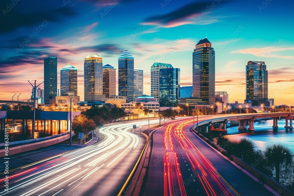 Urban view of Tampa, Florida, showcasing the city skyline, freeway, and riverwalk. Generative AI