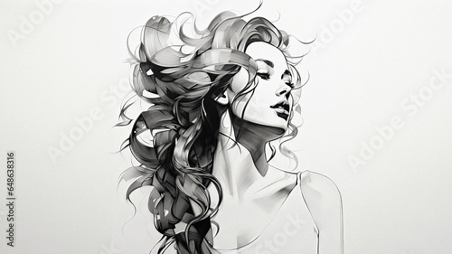 Black and white photo of young beautiful sexy woman with dark long curly hair, Pencil Portrait of a Beautiful Woman with Copy Space 