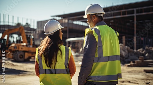 Back view of two engineers looking at each other while standing on construction site