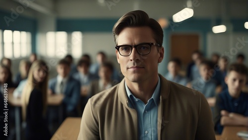 male school teacher with glasses standing in the classroom