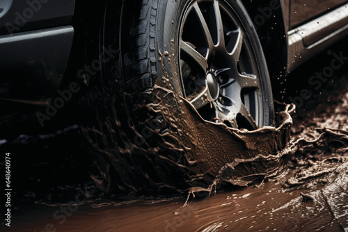 Off-road travel.  Close up of a car wheels driving through mud photo