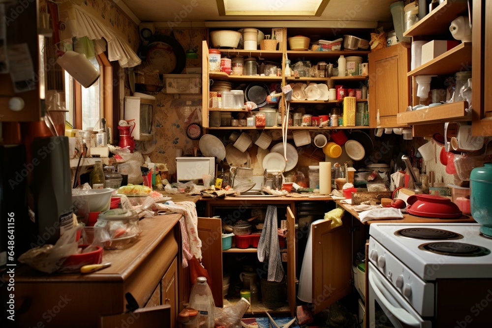 kitchen cluttered by compulsive hoarding syndrome. Generative AI - obrazy, fototapety, plakaty 