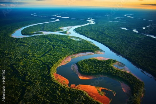 An aerial view of the Amazon region, showing the Lacandon jungle in Brazil in 2020. The image displays crops, rivers, and jungle. Generative AI photo