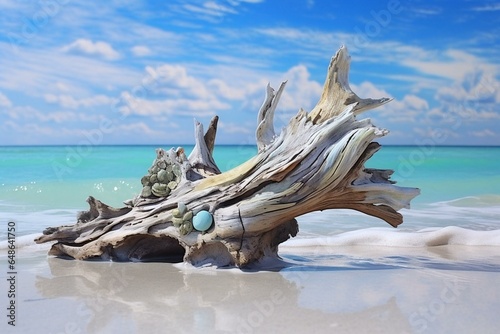 Artistic pastel painting on a driftwood found at Longboat Key beach in Florida. Generative AI photo