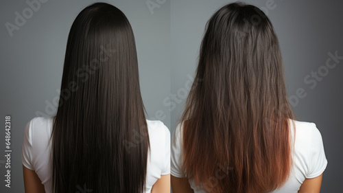 3D rendering of Before and After Nourish hair of shampoo or serum. Repair damaged hair.