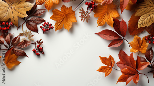 Autumn leaves and wooden floor, top view. Background with margins. Copyspace background.