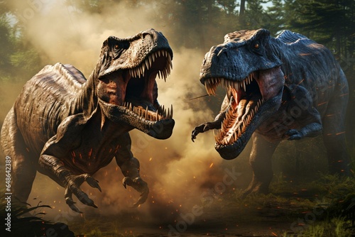 Tarbosaurus attack. Fearsome encounter between two ancient predators. Generative AI