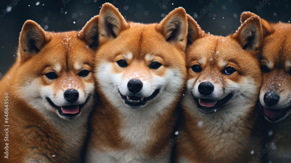 A group of red-haired shiba inu dogs close-up