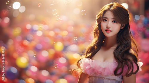 Beautiful young Asian woman smiling, balloon background