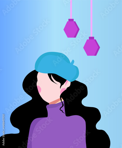 Young Woman in Blue Beret and Purple Sweater with Lavender Lights on Blue Background
