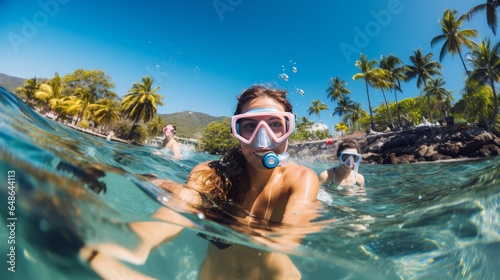 Youthful ladies at snorkeling within the tropical water photo