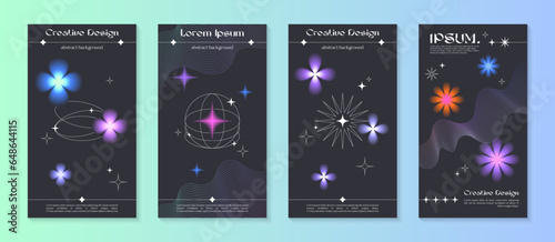 Vector insta story cosmic templates with linear shapes,blurred sparkles in 90s style.Smm banners in y2k aesthetic.Futuristic designs for social media marketing,branding,packaging