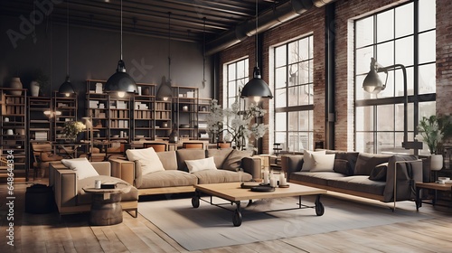 Modern Living Room with Black and White Furniture, Industrial Elements, and Natural Accents in Light Brown Interior Design