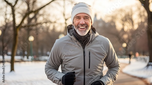 Gesunder, aktiver Mann mittleren Alters joggt im Winter in einem Park mit grauer Wintersportkleidung, Fitness bei Wind und Wetter im Alter, mit Platz für Text photo