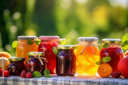 Various fruit preserves in jars on a sunny outdoor backdrop. Selective focus. Organic homemade delicious dessert. Generative AI