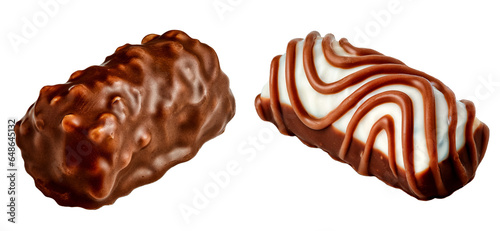 Studio macro photography of chocolate candies isolated on a transparent background. Milk, dark, and bitter chocolate, sweets, chocolate praline, confectionery, illustration for advertising, catalogs