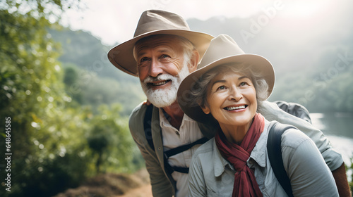 Active senior Asian couple go outdoor for nature travel adventure. Elder retirement happy healthy lifestyle activity concept. Generative AI