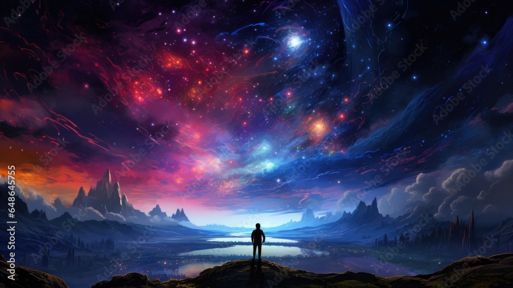 Person standing on fantasy landscape looking at a sky and celestial objects - obrazy, fototapety, plakaty 