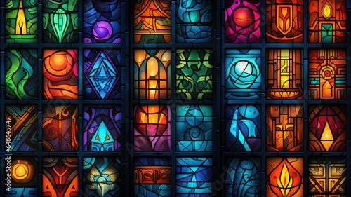 Colorful stained glass panels in the dark