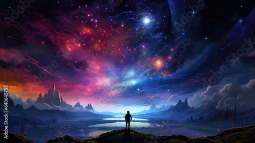 Person standing on fantasy landscape looking at a sky and celestial objects