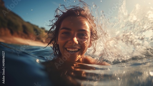 Youthful young lady in swimming outfit surfer with surf board plunge submerged with fun beneath huge sea wave Family way of life individuals water don lessons and shoreline swimming movement on summer © Tahir