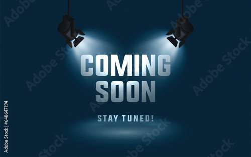 Coming soon in stage spotlight on dark background vector scene illuminated spotlight
