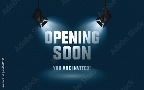 Opening soon in stage spotlight on dark background vector scene illuminated spotlight