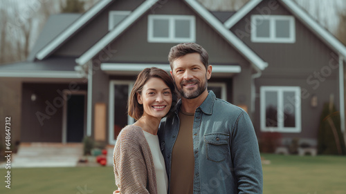 A happy Husband and wife stands smiling in front of a large house. new house concept creating a family.