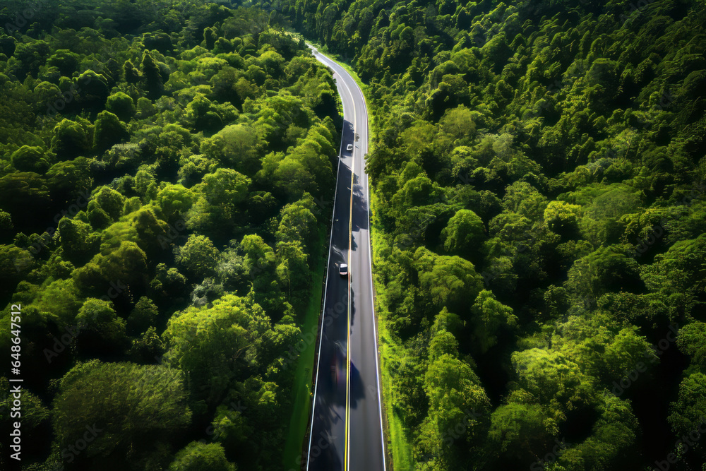 Aerial view green forest and asphalt road.