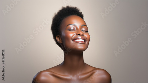 photograph of Black skin, beautiful woman, healthy, happy smile, clean skin.Generative ai