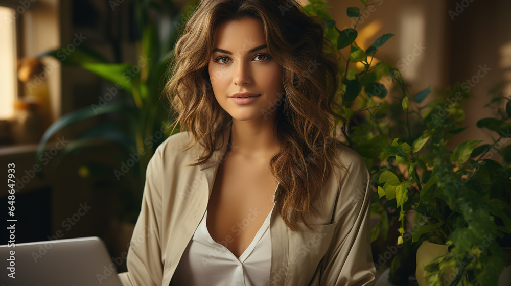 A young woman working at her laptop. Office background with plants. A young woman working at her laptop. Office background with plants.
