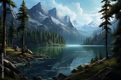 Scenic lake surrounded by mountains and trees. Generative AI