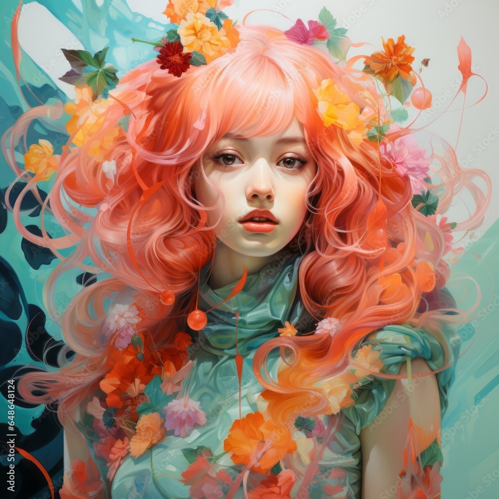 young girl in aqua green, red, pastel orange, pink, pastel purple colors