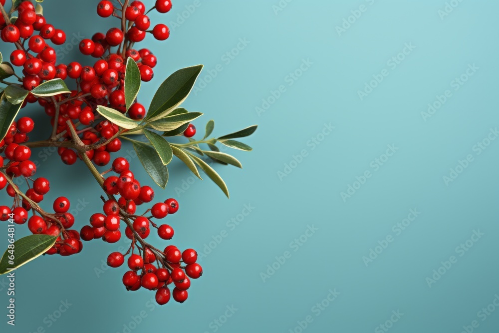 Christmas Mistletoe on Turquoise Backdrop, Background with Copy Space for Display or Mockup